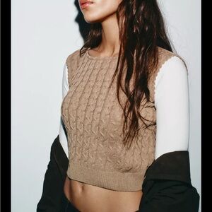 Zara Brown Cable Knit Combination Vest T-Shirt